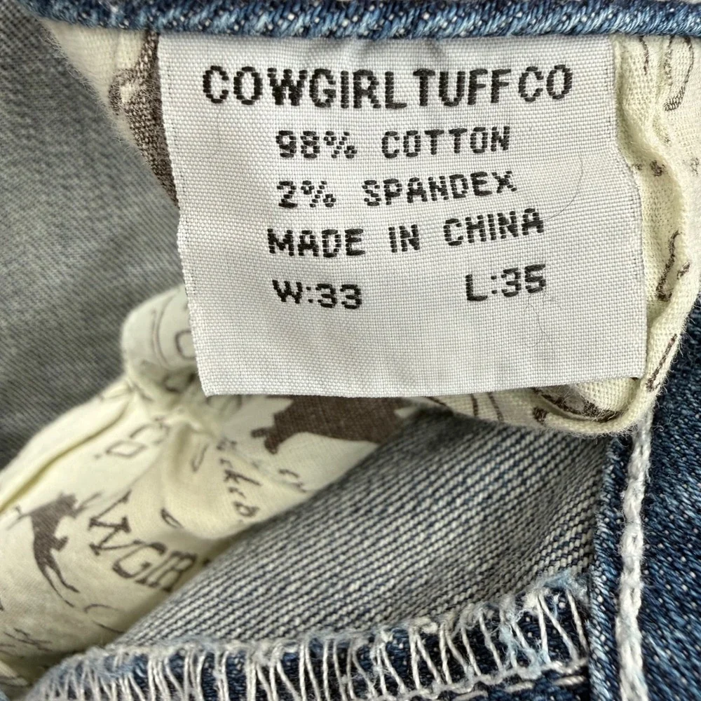 Cowgirl Tuff Bootcut Jeans 33x35 Ain't My Day To Care Distressed Medium Wash